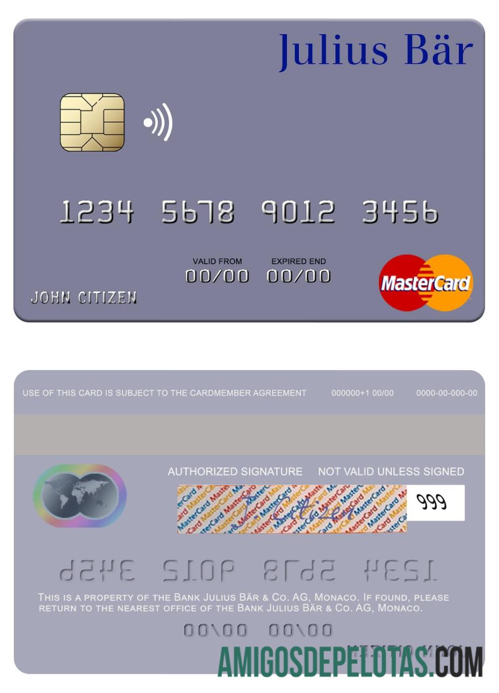 Monaco Julius Bär & Co. AG Bank Mastercard sample